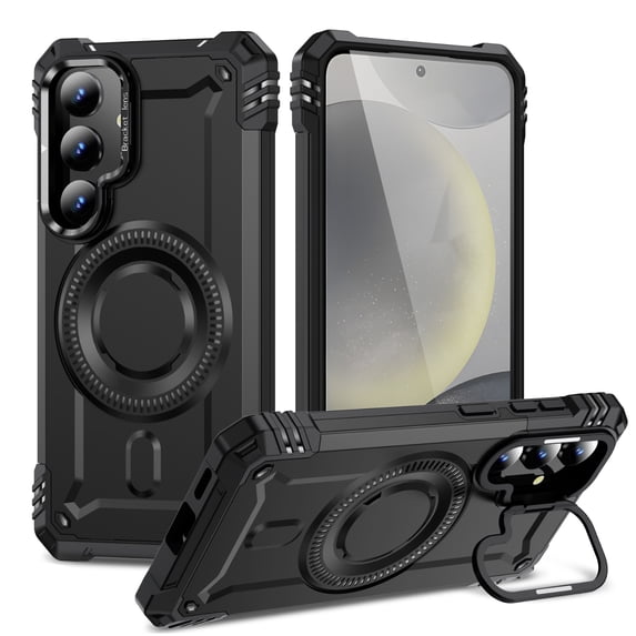 ELEHOLD for Samsung Galaxy S24 FE Case, Compatible with Mag safe Accessories, Strong Magnetic Military-Grade Drop Protection Invisible Kickstand Shockproof Protective Phone Case,Black