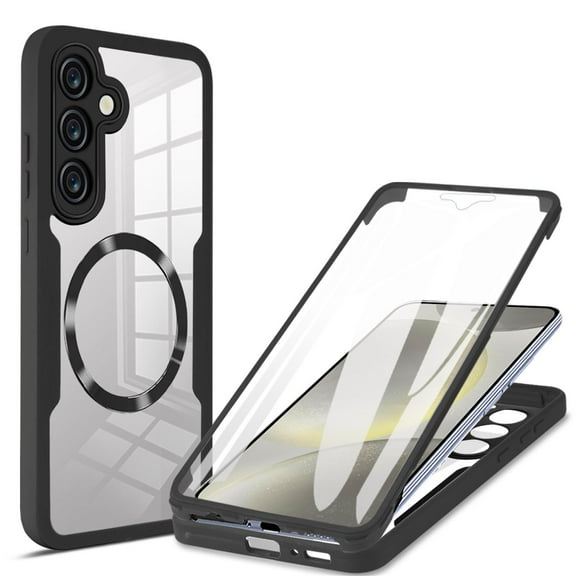 ELEHOLD for Samsung Galaxy S24 FE Case with Screen Protector, Compatible with Mag safe Accessory,  Built in Screen Protector Clear Full Body Protection Slim Shockproof Case,Black