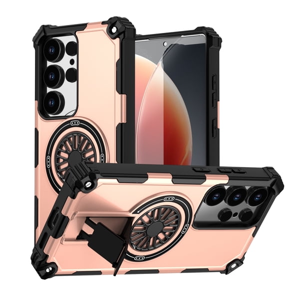 ELEHOLD For Samsung Galaxy S24 FE Case, Shockproof Soft Bumper Hybrid Three Layer Heavy Duty Grip Rugged Kickstand Protective Magnetic Case For Samsung Galaxy S24 FE,Rosegold