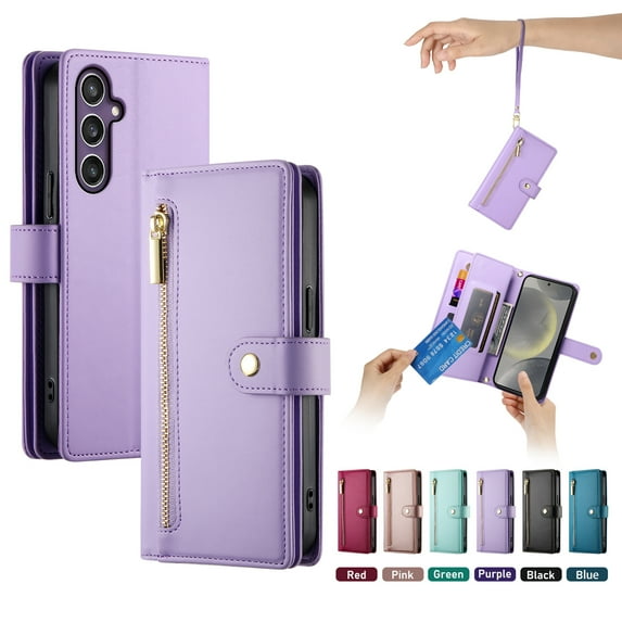 ELEHOLD for Samsung Galaxy S24 FE Flip Case, Wallet Zipper Magnetic Buckle Kickstand Wrist Strap Multifunctional Card Slots Wallet Business Case with Crossbody and Wrist Strap,Purple