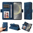 thumbnail image 1 of ELEHOLD For Samsung Galaxy S24 FE Leather Wallet Phone Case, Embossed Diamond Folio Flip Cover, Card Holder Cash Slot, Stand Support, Wrist Strap Lanyard -Blue, 1 of 10
