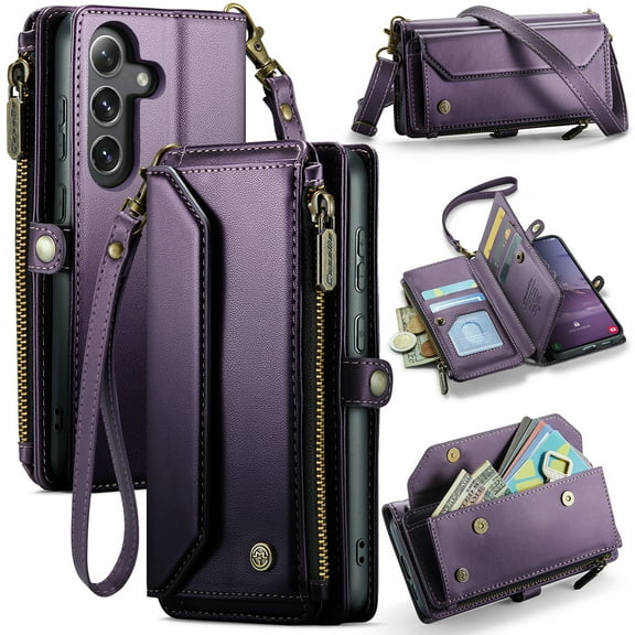 ELEHOLD for Samsung Galaxy S24 FE Wallet Case,Support Wireless Charging PU Leather RFID Blocking Card Holder Kickstand Flip Shockproof Case with Crossbody/Wristlet Strap ,Purple