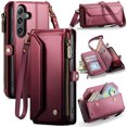 thumbnail image 1 of ELEHOLD for Samsung Galaxy S24 FE Wallet Case,Support Wireless Charging PU Leather RFID Blocking Card Holder Kickstand Flip Shockproof Case with Crossbody/Wristlet Strap ,Winered, 1 of 9