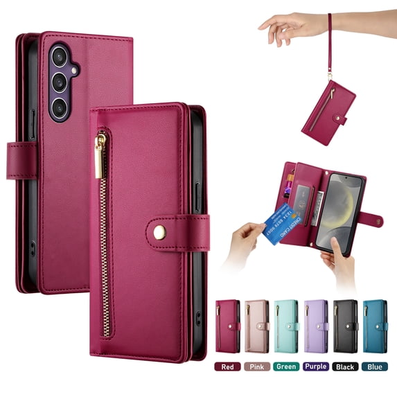 ELEHOLD for Samsung Galaxy S24 Flip Case, Wallet Zipper Magnetic Buckle Kickstand Wrist Strap Multifunctional Card Slots Wallet Business Case with Crossbody and Wrist Strap,Red