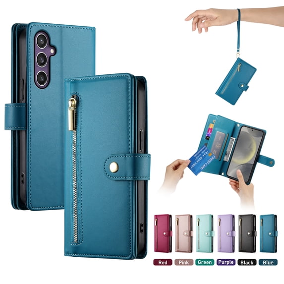 ELEHOLD for Samsung Galaxy S24 Flip Case, Wallet Zipper Magnetic Buckle Kickstand Wrist Strap Multifunctional Card Slots Wallet Business Case with Crossbody and Wrist Strap,Blue