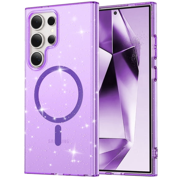 ELEHOLD for Samsung Galaxy S24 Glitter Clear Magentic Case,Transparent Clear Soft TPU Bling Shiny Design Compatible with Mag Safe Shockproof Fashion Girly Case for Samsung S24,Purple