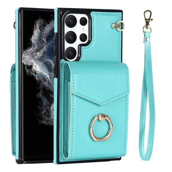 ELEHOLD for Samsung Galaxy S24 Luxury Wallet Case,Organ Card Holders RFID Blocking Function Built-in Metal Ring Stand Anti-Loss Wrist Lanyard Premium Leather Galaxy S24 Purse Cover,Mint