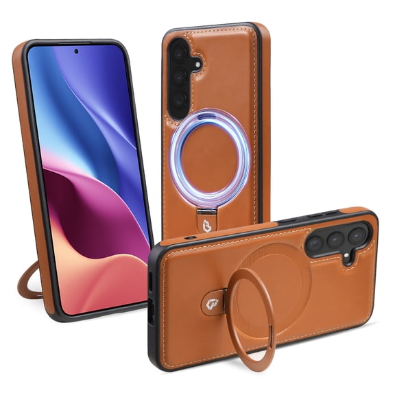 ELEHOLD for Samsung Galaxy S24 Magnetic Case Premium PU Leather Foldable Ring Holder Kickstand Support Mag Safe Charging Shockproof Protective Cover for Samsung Galaxy S24,Brown