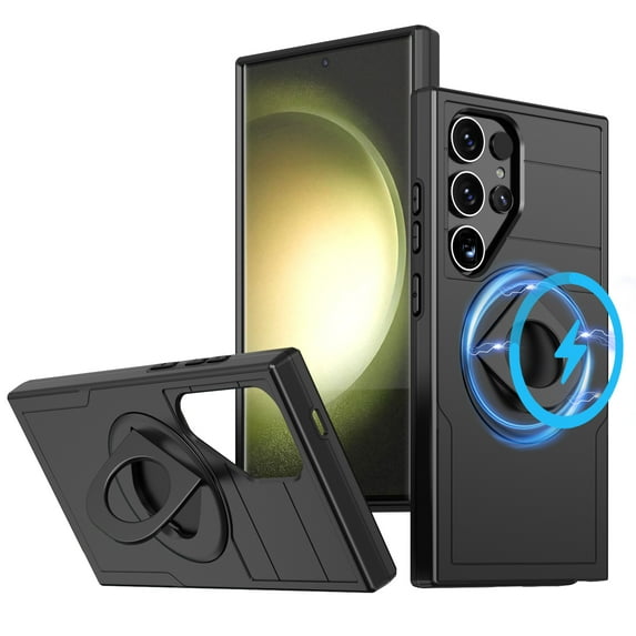 ELEHOLD for Samsung Galaxy S24 Magnetic Case,Rugged Hard PC Protective Case with Rotation Ring Holder Kickstand Compatible with Mag Safe Shockproof Cover for Samsung S24,Black