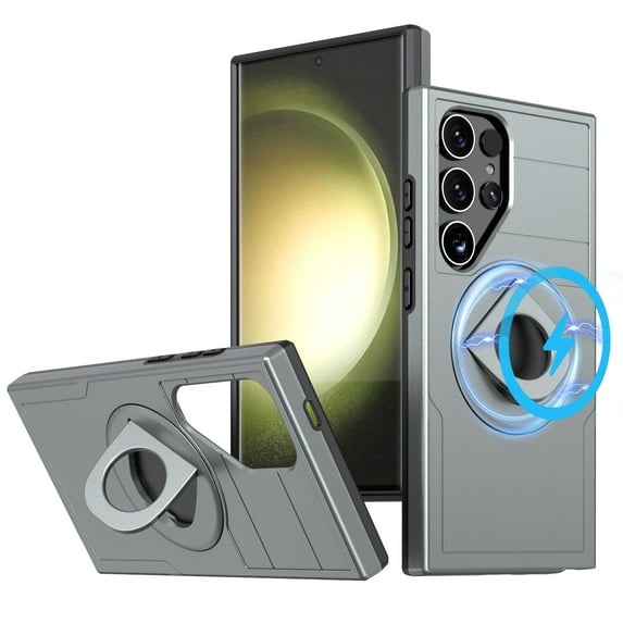 ELEHOLD for Samsung Galaxy S24 Magnetic Case,Rugged Hard PC Protective Case with Rotation Ring Holder Kickstand Compatible with Mag Safe Shockproof Cover for Samsung S24,Gray