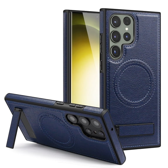 ELEHOLD for Samsung Galaxy S24 Magnetic Leather Case Premium Leather Strong Magnetic Mag Safe Compatible Invisible Folding Kickstand Shockproof Cover for Samsung S24,Blue