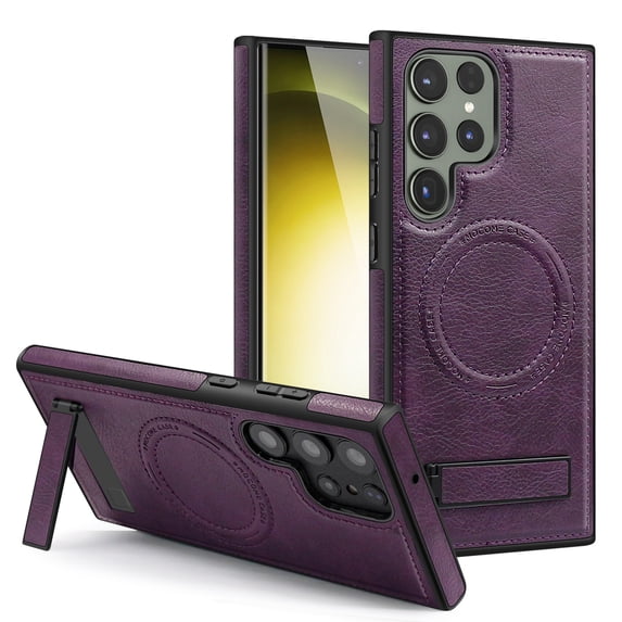 ELEHOLD for Samsung Galaxy S24 Magnetic Leather Case Premium Leather Strong Magnetic Mag Safe Compatible Invisible Folding Kickstand Shockproof Cover for Samsung S24,Darkpurple