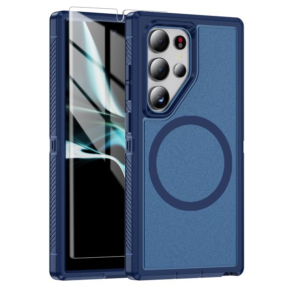 ELEHOLD for Samsung Galaxy S24 Magnetic Translucent Clear Case with HD Tempered Glass Screen Protector Hybrid PC+TPU Shockproof Bumper Compatible with Mag Safe Drop-Protection Cover,Darkblue