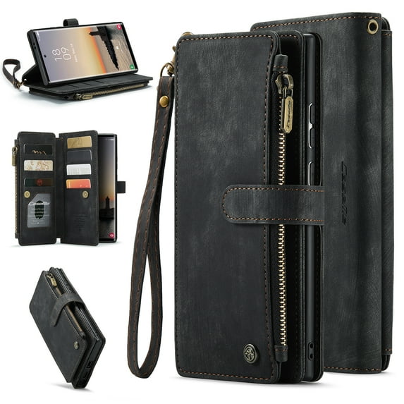 ELEHOLD for Samsung Galaxy S24 for Men Women Wallet Case, Premium Leather Shockproof Purse Case with Credit Card Slots Zipper Pocket Anti-Loss Wriststrap for Samsung Galaxy S24,Black