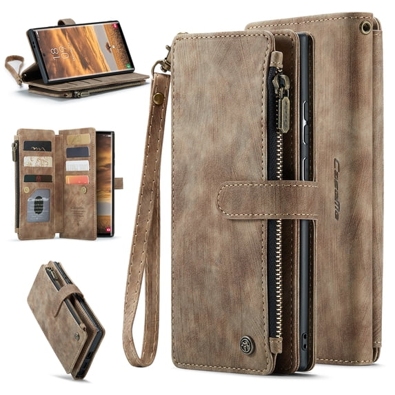 ELEHOLD for Samsung Galaxy S24 for Men Women Wallet Case, Premium Leather Shockproof Purse Case with Credit Card Slots Zipper Pocket Anti-Loss Wriststrap for Samsung Galaxy S24,Brown