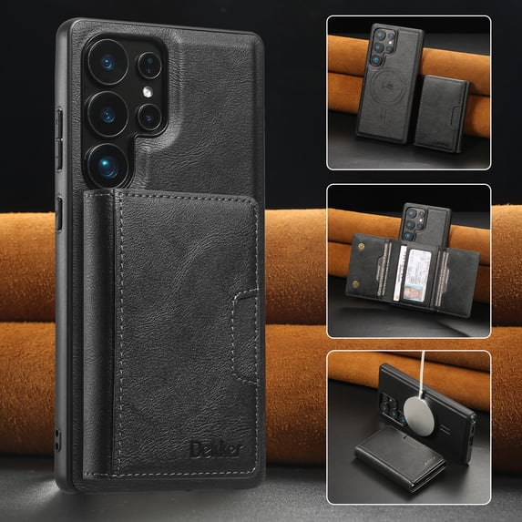 ELEHOLD For Samsung Galaxy S24+ PU Leather Magnetic Shockproof Case, MagSafe Compatible, with Magnetic Detachable Credit Card Wallet, Kickstand Function, Black