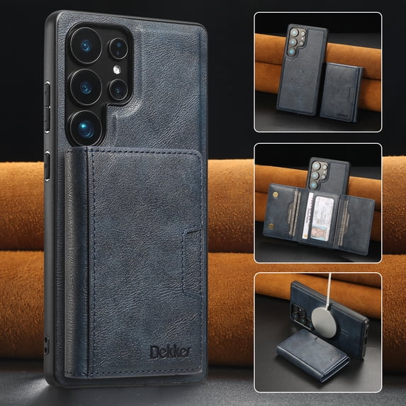 ELEHOLD For Samsung Galaxy S24+ PU Leather Magnetic Shockproof Case, MagSafe Compatible, with Magnetic Detachable Credit Card Wallet, Kickstand Function, Blue