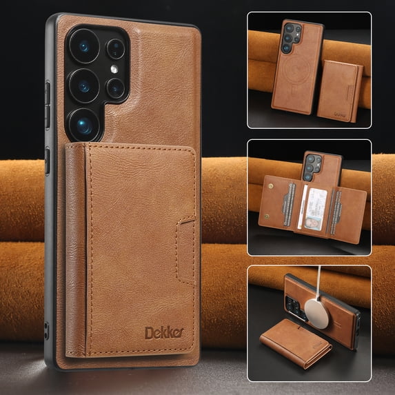 ELEHOLD For Samsung Galaxy S24+ PU Leather Magnetic Shockproof Case, MagSafe Compatible, with Magnetic Detachable Credit Card Wallet, Kickstand Function, Brown