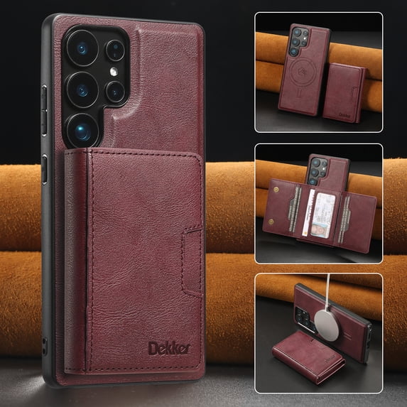 ELEHOLD For Samsung Galaxy S24+ PU Leather Magnetic Shockproof Case, MagSafe Compatible, with Magnetic Detachable Credit Card Wallet, Kickstand Function, Winered