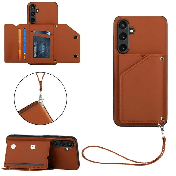 ELEHOLD for Samsung Galaxy S24 PU Leather Wallet Case with Card Holders Wrist Lanyard Handstrap Kickstand Function Shockproof Protective Wallet Cover for Samsung S24,Brown
