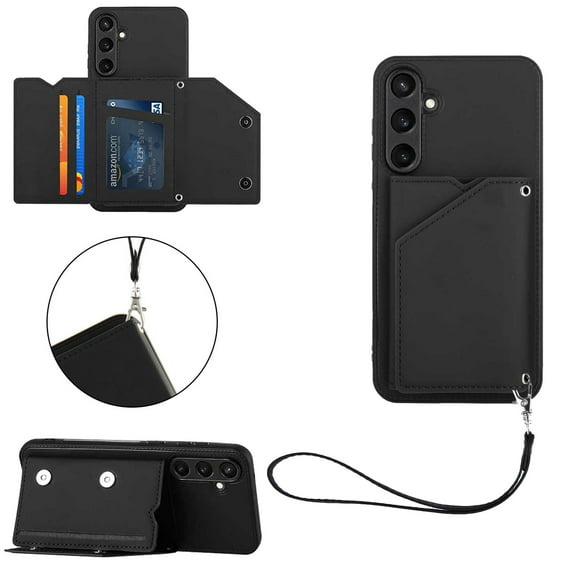 ELEHOLD for Samsung Galaxy S24 PU Leather Wallet Case with Card Holders Wrist Lanyard Handstrap Kickstand Function Shockproof Protective Wallet Cover for Samsung S24,Black