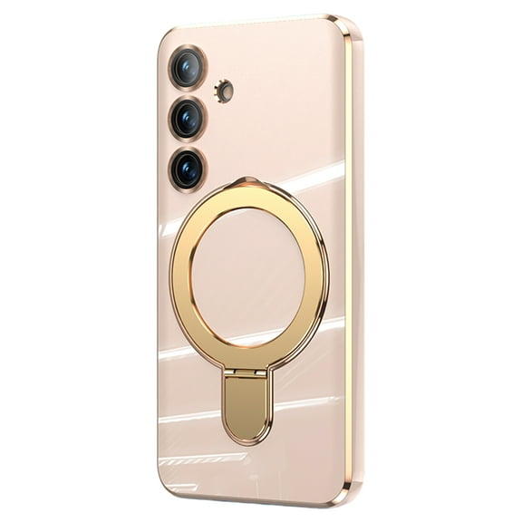 ELEHOLD for Samsung Galaxy S24+ Plating Magnetic Case Slim Thin Shockproof with Metal Ring Holder Folding Kickstand All-Inclusive Lens Protection Mag Safe Compatible Protective Cover,lightpink