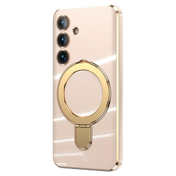 ELEHOLD for Samsung Galaxy S24+ Plating Magnetic Case Slim Thin Shockproof with Metal Ring Holder Folding Kickstand All-Inclusive Lens Protection Mag Safe Compatible Protective Cover,lightpink