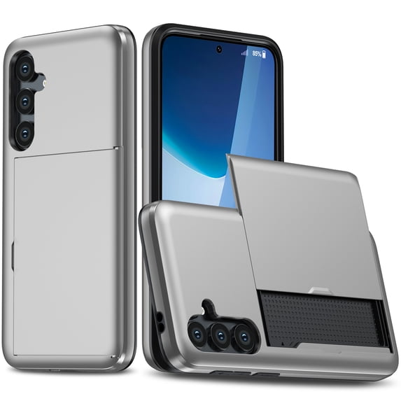 ELEHOLD for Samsung Galaxy S24 Plus Case,Back Slide Card Holder Slot Hard PC Shockproof Protective Slim Fit Anti-Scratch Cover for Samsung Galaxy S24 Plus,Silver