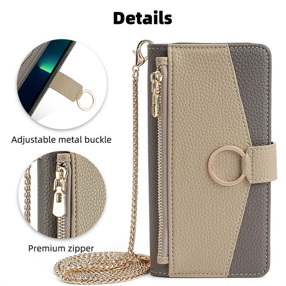 ELEHOLD for Samsung Galaxy S24 Plus Leather Wallet Case with Card Slots Cash Pocket Zipper Purse Hidden Mirror,Luxury Crossbody Metal Chain Strap Wallet Samsung S24 Plus Case for Women Girls,Gray