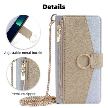 ELEHOLD for Samsung Galaxy S24 Plus Leather Wallet Case with Card Slots Cash Pocket Zipper Purse Hidden Mirror,Luxury Crossbody Metal Chain Strap Wallet Samsung S24 Plus Case for Women Girls,Blue
