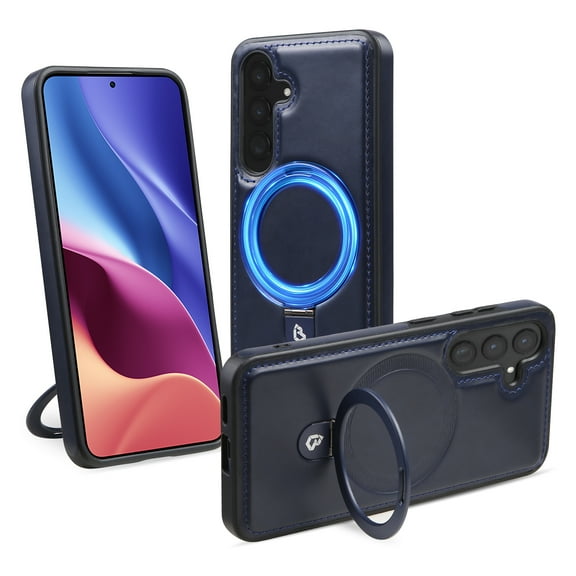 ELEHOLD for Samsung Galaxy S24 Plus Magnetic Case Premium PU Leather Foldable Ring Holder Kickstand Support Mag Safe Charging Shockproof Protective Cover for Samsung Galaxy S24 Plus,Darkblue