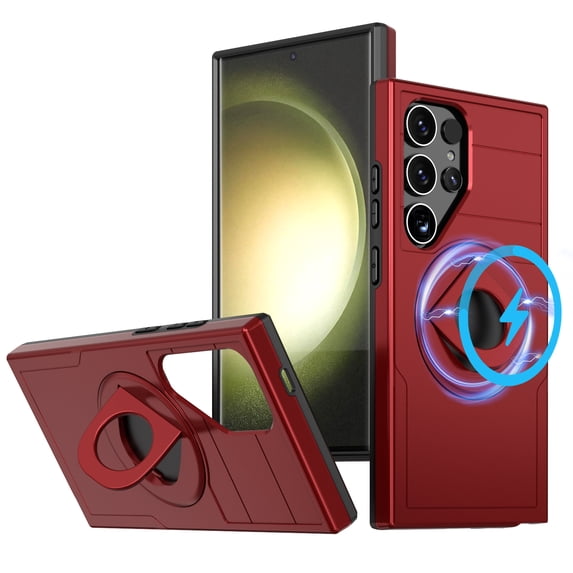 ELEHOLD for Samsung Galaxy S24 Plus Magnetic Case,Rugged Hard PC Protective Case with Rotation Ring Holder Kickstand Compatible with Mag Safe Shockproof Cover for Samsung S24 Plus,Red