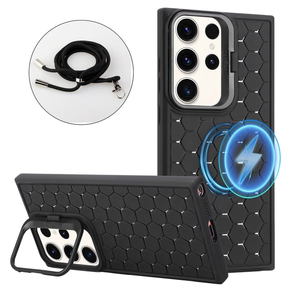 ELEHOLD for Samsung Galaxy S24 Plus Magnetic Stand Case with Detachable Lanyard Strap Honeycomb Heat Dissipation Compatible with Mag Safe Charging Lens Frame Kickstand Anti-Lost Protection,Black