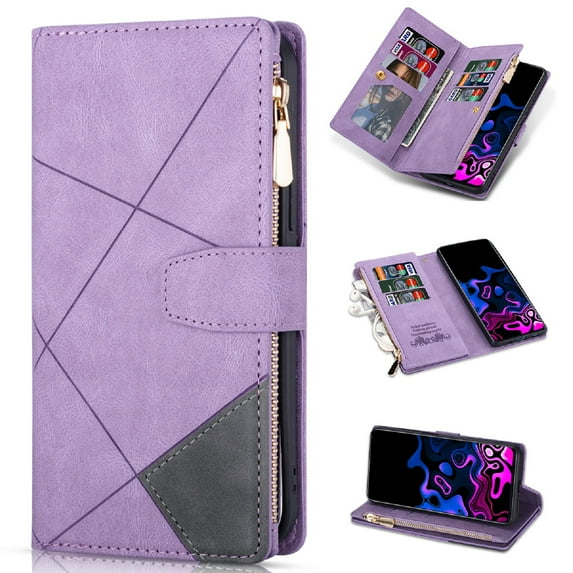 ELEHOLD for Samsung Galaxy S24 Plus Multi-Functional Leather Wallet Case,Large Capacity 9 Card Slots Zipper Pocket Kickstand Magnetic Clasp Lanyard Shockproof Flip Case for Samsung Galaxy S24+,Purple