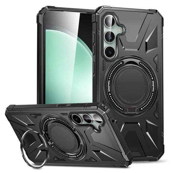 ELEHOLD for Samsung Galaxy S24 Plus Rugged Heavy Duty Case, Foldable Ring Kickstand Work with Magnetic Car Mount Military Grade Drop Protection Armor Case for Samsung S24 Plus,Black