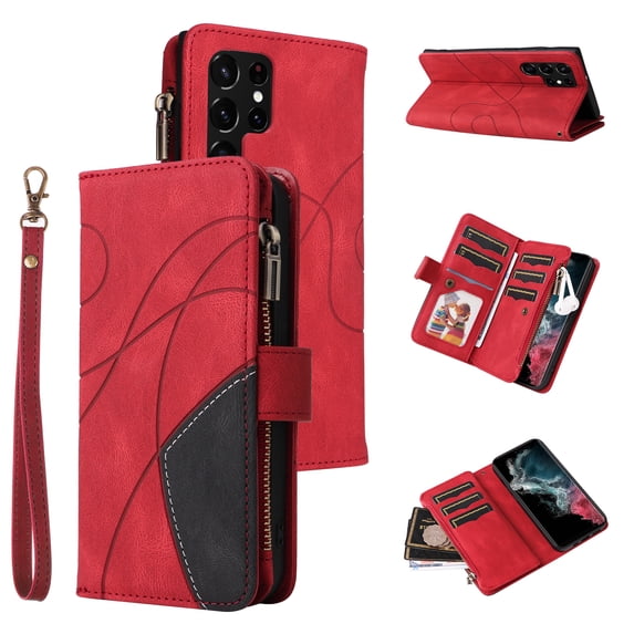 ELEHOLD for Samsung Galaxy S24 Plus Wallet Case Zipper Pocket Large Capacity Card Slots Flip Stand Magnetic Phone Cover design for Samsung Galaxy S24 Plus with Wrist Strap Purse Case,Red