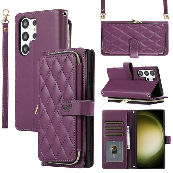 ELEHOLD for Samsung Galaxy S24 Plus Wallet Crossbody Case,Large Capacity Zipper Cash Pocket Card Holders Flip Kickstand Skin-Friendly Leather Purse Cover with Wrist Strap Crossbody Strap,Darkpurple