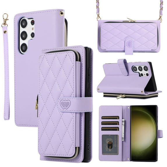 ELEHOLD for Samsung Galaxy S24 Plus Wallet Crossbody Case,Zipper Cash Pocket Large Capacity Card Holders Flip Kickstand Premium PU Leather Purse Cover with Wrist Strap Crossbody Chain Strap,Purple