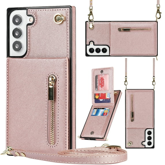 ELEHOLD for Samsung Galaxy S24 Plus Zipper Wallet Case PU Leather Purse with Back Card Slots Kickstand Crossbody Strap Magnetic Clasp for Women Girls Samsung Galaxy S24 Plus Case,Rosegold