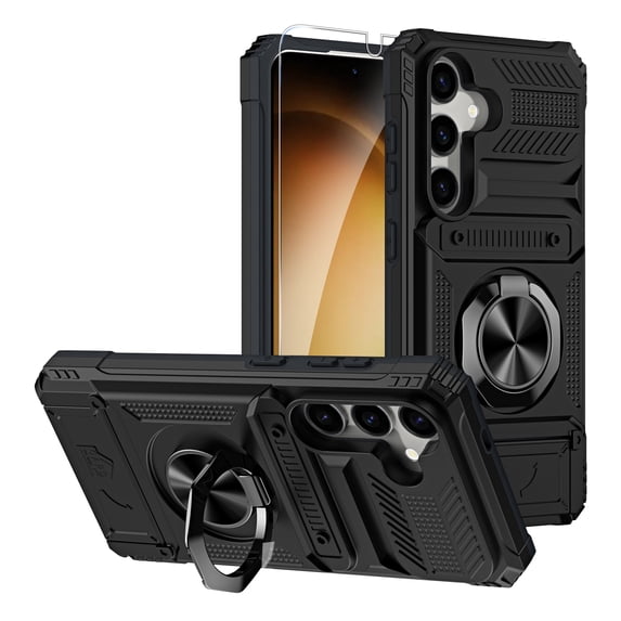 ELEHOLD for Samsung Galaxy S24 Rugged Hard Case with Metal Ring Holder Kickstand Work with Magnetic Car Mount Hidden Card Slot Pocket Shockproof Armor Cover with 1 Pack Screen Protector,Black