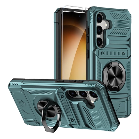 ELEHOLD for Samsung Galaxy S24 Rugged Hard Case with Metal Ring Holder Kickstand Work with Magnetic Car Mount Hidden Card Slot Pocket Shockproof Armor Cover with 1 Pack Screen Protector,Green