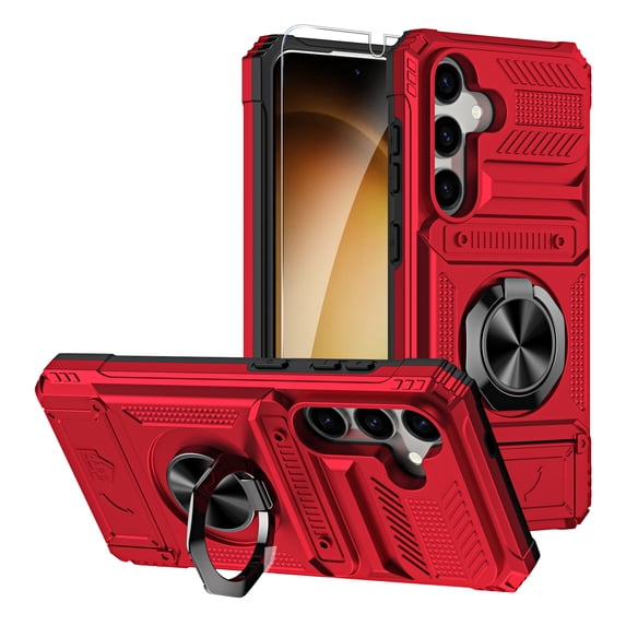 ELEHOLD for Samsung Galaxy S24 Rugged Hard Case with Metal Ring Holder Kickstand Work with Magnetic Car Mount Hidden Card Slot Pocket Shockproof Armor Cover with 1 Pack Screen Protector,Red