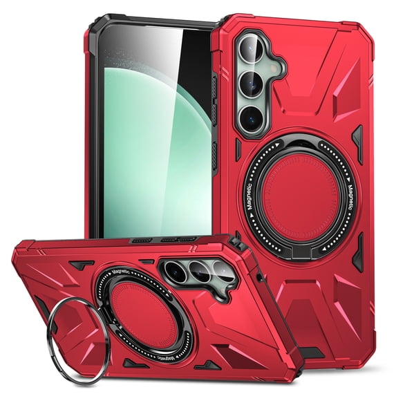 ELEHOLD for Samsung Galaxy S24 Rugged Heavy Duty Case, Foldable Ring Kickstand Work with Magnetic Car Mount Military Grade Drop Protection Armor Case for Samsung S24,Red