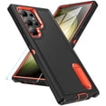 thumbnail image 1 of ELEHOLD for Samsung Galaxy S24 Rugged Hybrid Case with Tempered Glass Screen Protector Hidden Invisible Kickstand Silicone Hard PC Shockproof Cover for Samsung S24,Black+Orange, 1 of 7