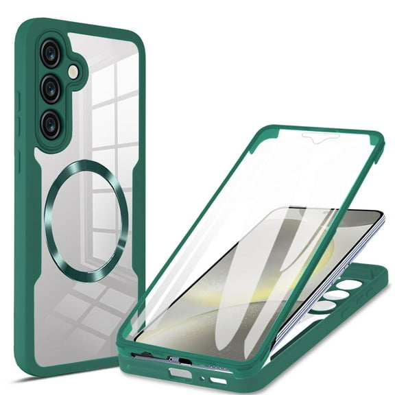 ELEHOLD for Samsung Galaxy S24/S25 Case with Screen Protector, Compatible with Mag safe Accessory,  Built in Screen Protector Clear Full Body Protection Slim Shockproof Case,Darkgreen