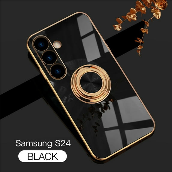 ELEHOLD for Samsung Galaxy S24 Slim Case Electroplating Frame Design All-inclusive Lens Protection Metal Ring Holder Stand Function Shockproof Lightweight Case for Galaxy S24 - Black