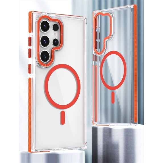 ELEHOLD for Samsung Galaxy S24 Ultra Acrylic Clear Case Strong Magnetic Compatible with Mag Safe Transparent Clear Back Cover Shockproof Anti-Yellowing Case for Samsung S24 Ultra,Orange