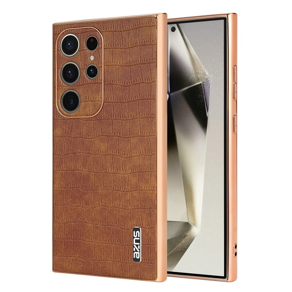 ELEHOLD for Samsung Galaxy S24 Ultra Case,Compatible with MagSafe Luxury PU Leather Embossed Crocodile Pattern Plating Edge Shockproof Full Protection Case for Samsung Galaxy S24 Ultra,Brown