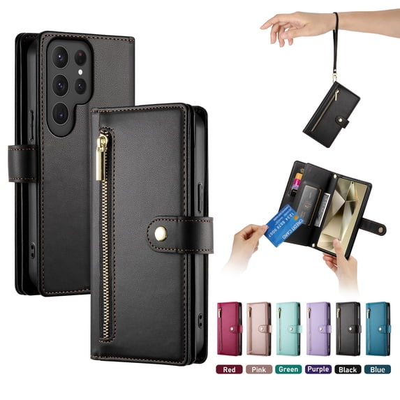 ELEHOLD for Samsung Galaxy S24 Ultra Flip Case, Wallet Zipper Magnetic Buckle Kickstand Wrist Strap Multifunctional Card Slots Wallet Business Case with Crossbody and Wrist Strap,Black