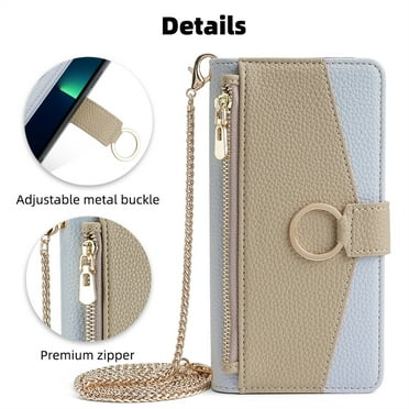 ELEHOLD for Samsung Galaxy S24 Ultra Leather Wallet Case with Card Slots Cash Pocket Zipper Purse Hidden Mirror,Luxury Crossbody Metal Chain Strap Wallet Samsung S24 Ultra Case for Women Girls,Blue